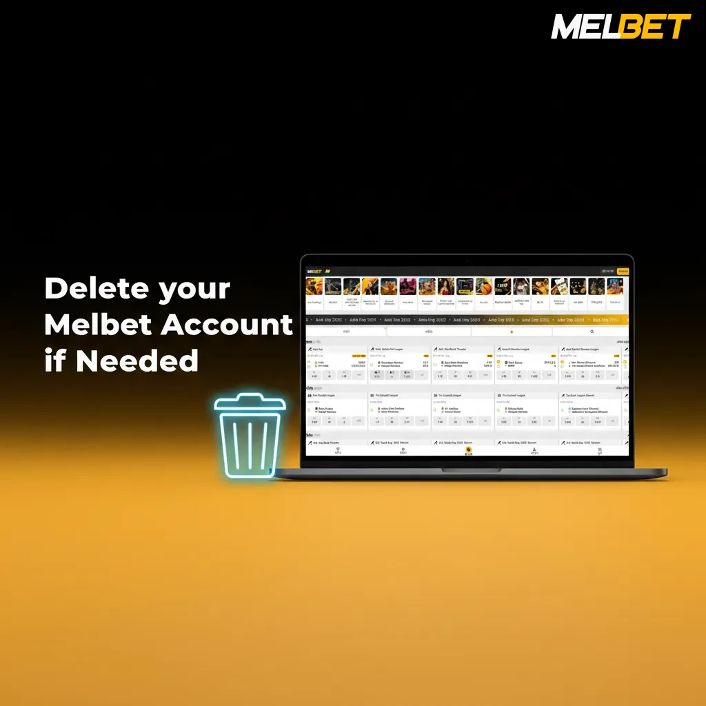 Illustration showing steps to delete a Melbet account: contact support, verify ID, withdraw funds, await confirmation email.