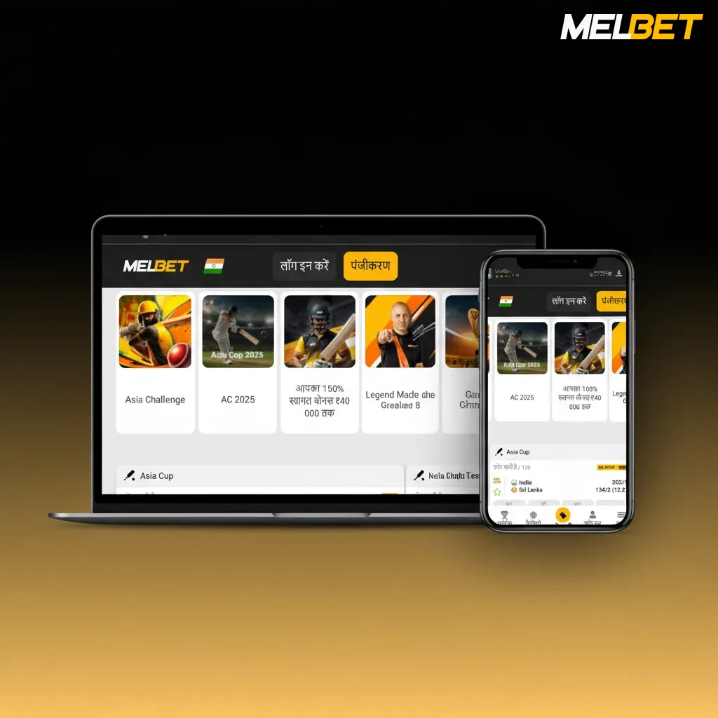 Melbet India site UI with top bar: Sports, Live, Casino, Live Casino, eSports, Promotions, App; search, filters, bet slip.