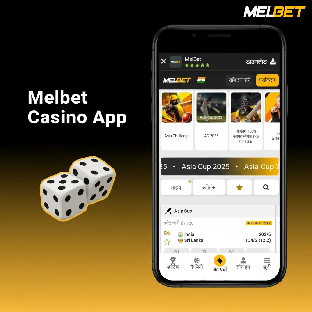 Melbet Casino app showing slots, table games, live dealer tables, and a promotions tab.